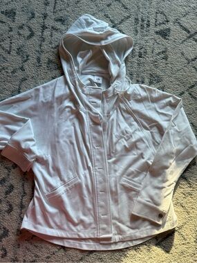 CAbi White Hooded Utility Jacket with Snap Front